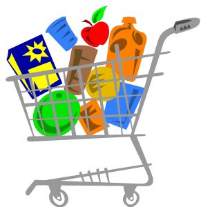 Filled grocery cart • Stock up! • Groceries galore